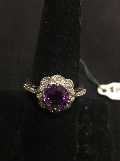 Round Faceted 8mm Amethyst Scallop Edged Diamond Accented Halo Sterling Silver Ring Band