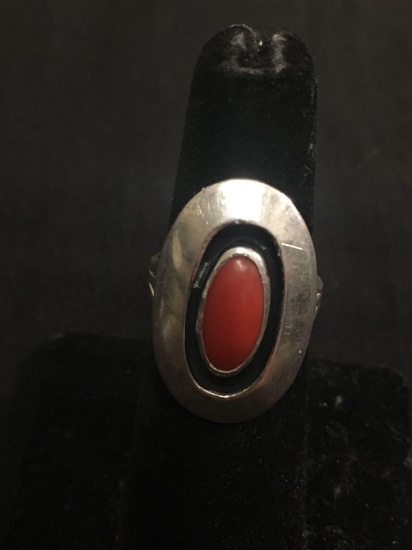 Old Pawn Mexico 25mm Wide Top High Polished Triple Shank Sterling Silver Ring Band w/ Oval Red Coral