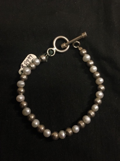 Alternating Round 6mm Freshwater Pearl & Sterling Silver Hand-Beaded 8in Long Toggle Bracelet