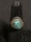 Rope Detail Framed Turquoise Cabochon Center 16mm Wide Tapered Top Old Pawn Native American Sterling