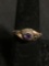 Round Faceted 4mm Amethyst Center Leaf Detailed Two-Tone Vintage Old Pawn Sterling Silver Ring Band