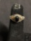 Vintage Old Pawn 9mm Wide Two-Tone Detailed Design Sterling Silver Ring Band w/ Oval Cabochon Onyx