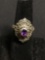 Vintage Old Pawn 20mm Long Milgrain Marcasite Detailed Halo w/ Oval Faceted 5x3mm Amethyst Center