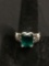 Rectangular Brilliant Faceted 11x9mm Created Emerald Center Fleur De Lis Decorated Sides Sterling