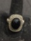 Oval Checkerboard Faceted 15x12mm Onyx Center w/ Milgrain Marcasite Accented Halo NF Designer Thai