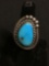 Handmade Old Pawn Native American 33x25mm Detailed Top w/ Polished Turquoise Cabochon Center