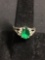 HMI Designer Pear Faceted 10x8mm Created Emerald Center w/ Round CZ Sides Sterling Silver Ring Band