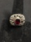 Bezel Set 9x7mm Oval Faceted Garnet Center w/ Contour Pebble Design 17x21mm Top Sterling Silver Ring