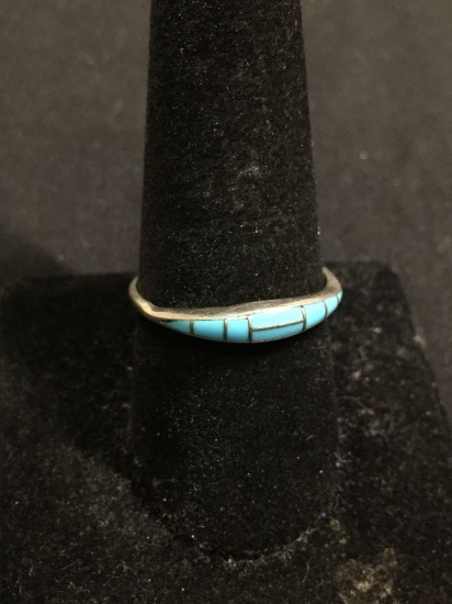 MY Designer 4mm Wide Tapered Sterling Silver Ring Band w/ Turquoise Mosaic Inlay