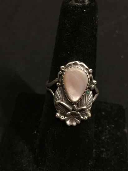 Handmade Old Pawn Native American 23mm Long Top Floral Motif w/ Pear 13x9mm Mother of Pearl Center