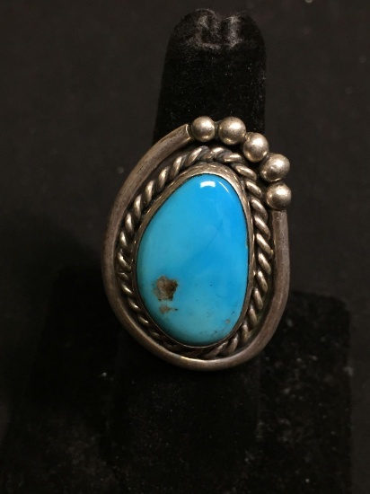 Handmade Old Pawn Native American 33x25mm Detailed Top w/ Polished Turquoise Cabochon Center