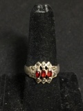 Three Marquise Faceted Garnet Gem Centers w/ Milgrain Marcasite Detail Vintage Old Pawn Sterling