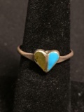 Turquoise & Serpentine Inlaid Heart Design Center 7mm Wide Sterling Silver Ring Band