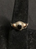 Two-Tone Style 9mm Wide Tapered Detailed Sterling Silver Ring Band w/ Oval Onyx Cabochon Center