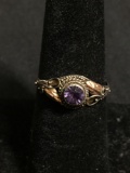 Round Faceted 4mm Amethyst Center Leaf Detailed Two-Tone Vintage Old Pawn Sterling Silver Ring Band