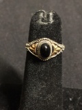 Vintage Old Pawn 9mm Wide Two-Tone Detailed Design Sterling Silver Ring Band w/ Oval Cabochon Onyx