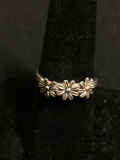 Three Featured Floral Decorated 7mm Wide Top CW Designer Sterling Silver Ring Band