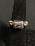 Horizontal Bezel Set Emerald Cut Faceted 7x5mm Amethyst Center Old Pawn East India Signed Designer