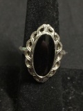 Oval 18x8mm Onyx Inlaid Center Filigree Braided Detail Halo Signed Designer Sterling Silver Ring