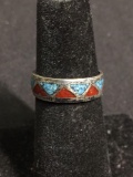 Alternating Triangle Design w/ Broken Edge Coral & Turquoise Inlay 5.5mm Wide Eternity Design