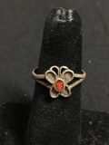 Broken Edge Coral Inlaid Center 11mm Wide Tapered Scallop Butterfly Detail Old Pawn Mexico Sterling