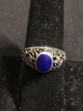 Oval 8x6mm Lapis Cabochon Center 11mm Wide Tapered Floral Filigree Decorated Signed Designer