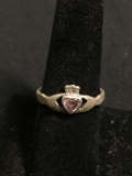 Old Pawn Irish Claddagh Sterling Silver Ring Band 8mm Wide Tapered w/ Heart Faceted 5mm Amethyst