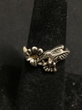 Hummingbird Flower Motif Handmade Old Pawn 10mm Wide Tapered Sterling Silver Ring Band