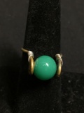 Handmade Old Pawn East Indian Gold-Tone Sterling Silver Ring Band w/ Round 10mm Jade Bead Center