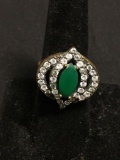Marquise Faceted 12x6mm Created Emerald Center w/ Round CZ Ribbon Halo 20mm Wide Tapered Old Pawn