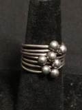 Seven Interlocking Sterling Silver Ring Bands w/ Staggered Round 4mm Bead Ball Top 11mm Wide Stacked