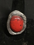 Handmade Old Pawn Native American Rustic Sterling Silver Ring Band w/ Oval Polished Red Jasper