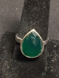 Bezel Set Checkerboard Pear Faceted 15x12mm Green Onyx Center High Polished Signed Designer Sterling