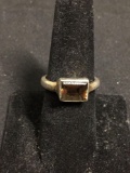 Horizontal Bezel Set 9x7mm Emerald Cut Faceted Smokey Topaz Center Old Pawn Sterling Silver Ring
