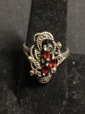 Three Marquise Faceted Garnet Centers w/ Milgrain Marcasite Accents 22mm Long Tapered Vintage Old