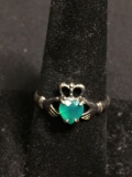 Old Pawn Irish Claddagh Signed Designer Sterling Silver Ring Band 10mm Wide Tapered w/ Heart Faceted