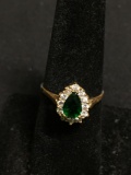 Pear Faceted 7x5mm Created Emerald Center w/ Round CZ Halo Two-Tone Sterling Silver Ring Band