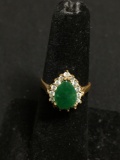 Pear Faceted 9x7mm Created Emerald Center w/ Round CZ Halo Two-Tone Sterling Silver Ring Band