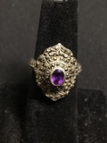 Vintage Old Pawn 20mm Long Milgrain Marcasite Detailed Halo w/ Oval Faceted 5x3mm Amethyst Center