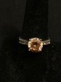 NF Designer Round Faceted 9mm Peach CZ Center Milgrain Detailed CZ Sides Sterling Silver Ring Band