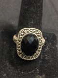 Oval Checkerboard Faceted 15x12mm Onyx Center w/ Milgrain Marcasite Accented Halo NF Designer Thai