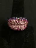 Pink, Red & Purple Round Rhinestone Studded 17mm Wide Tapered Pair of Lips Motif Sterling Silver