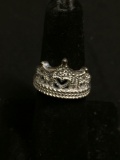 Rope Detailed CZ Accented 14mm Wide Tapered Sterling Silver Crown Ring Band