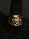 Signed Designer Gold-Tone Concave 14mm Wide Tapered Sterling Silver Ring Band w/ Diamond & Pink