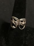 Comedy & Tragedy Motif 13mm Wide Tapered High Polished Sterling Silver Ring Band