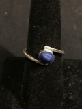 Horizontal Set Oval 7x5mm Lapis Cabochon Center Sterling Silver Bypass Ring Band