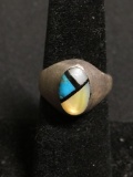 Old Pawn Native American Style Brush Finish 13mm Wide Tapered Sterling Silver Ring Band w/ Turquoise