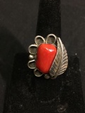 Handmade Old Pawn Native American Sterling Silver Feather Motif 28mm Long Top Ring Band w/ Tumbled