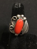 Handmade Old Pawn Native American Sterling Silver Feather Motif 23mm Long Top Ring Band w/ Oval