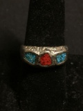 Old Pawn Native American Nugget Style 9mm Wide Tapered Sterling Silver Ring Band w/ Broken Edge